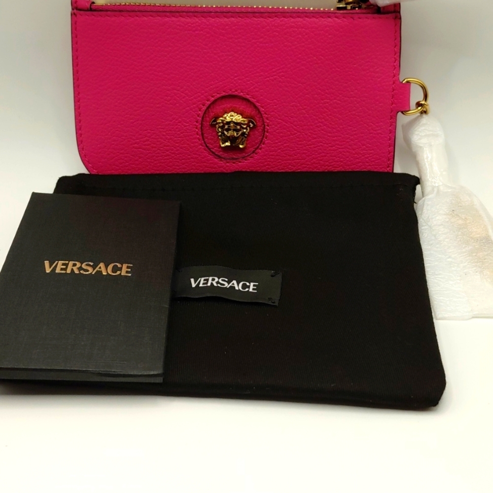 VERSACE Pink Leather MEDUSA LOGO Card CASE WALLET KEY CHAIN/BRAND NEW